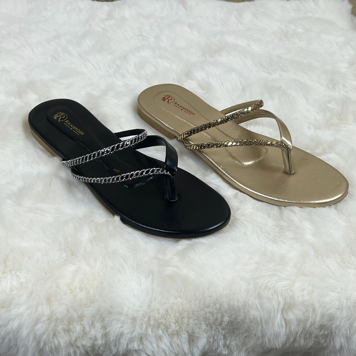 Raahposh Women’s Crystal Strap Flat – Elegant Ladies Flats in Black & Golden