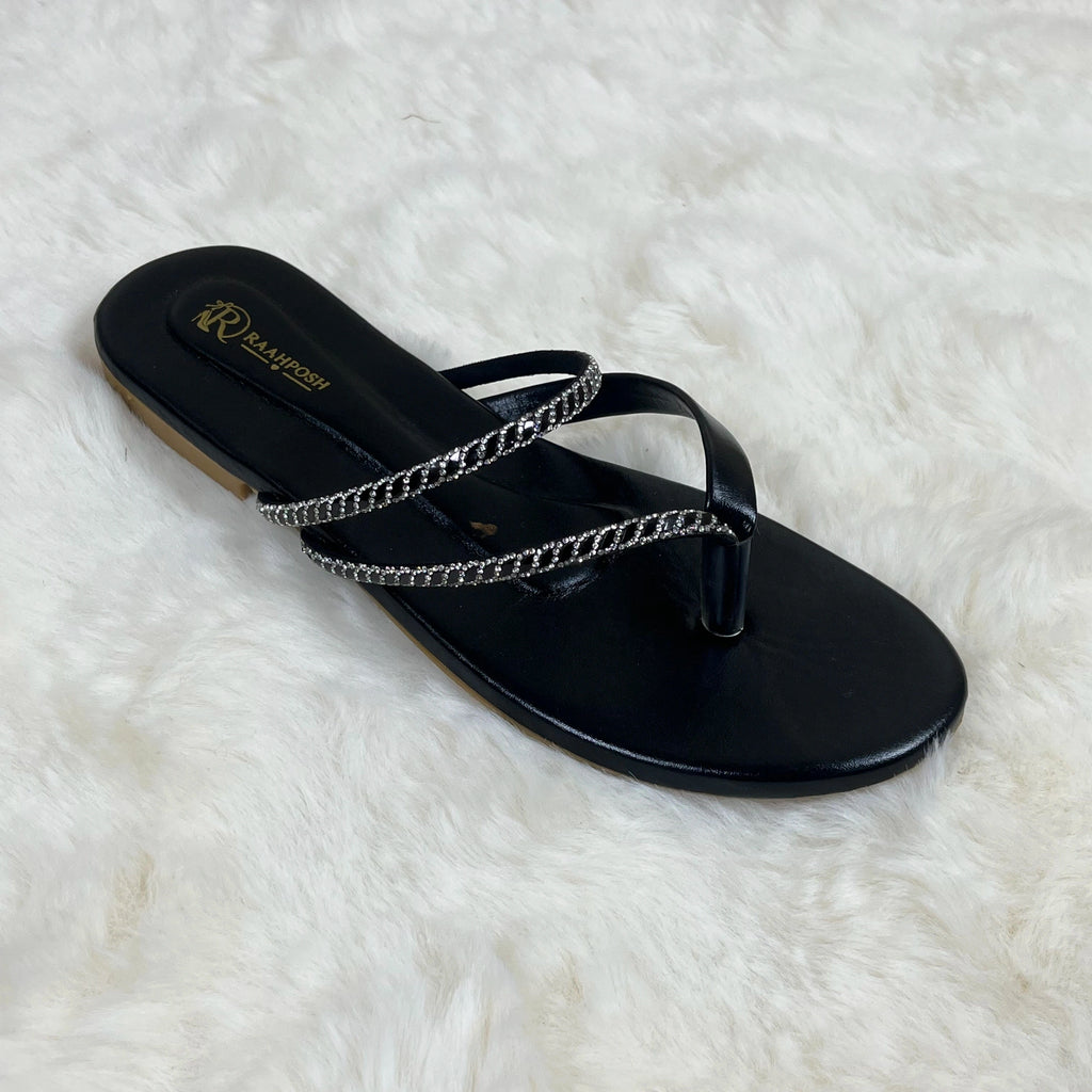 Raahposh Women’s Crystal Strap Flat – Elegant Ladies Flats in Black & Golden
