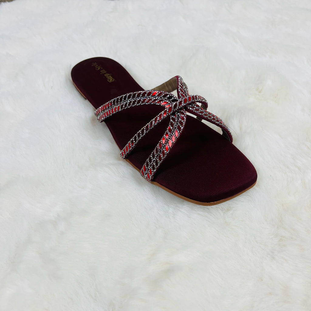 Raahposh Women’s Crystal Knot Flat – Fancy Ladies Flats in Golden & Maroon
