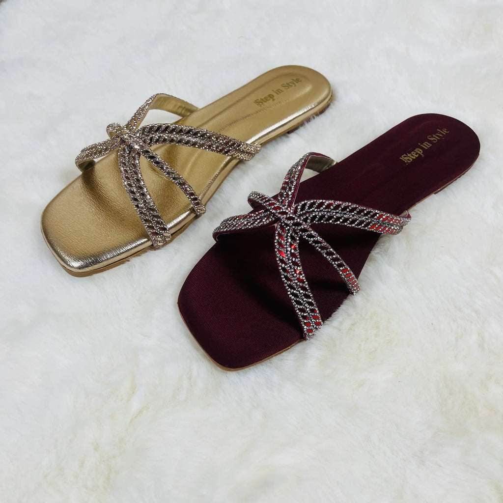 Raahposh Women’s Crystal Knot Flat – Fancy Ladies Flats in Golden & Maroon