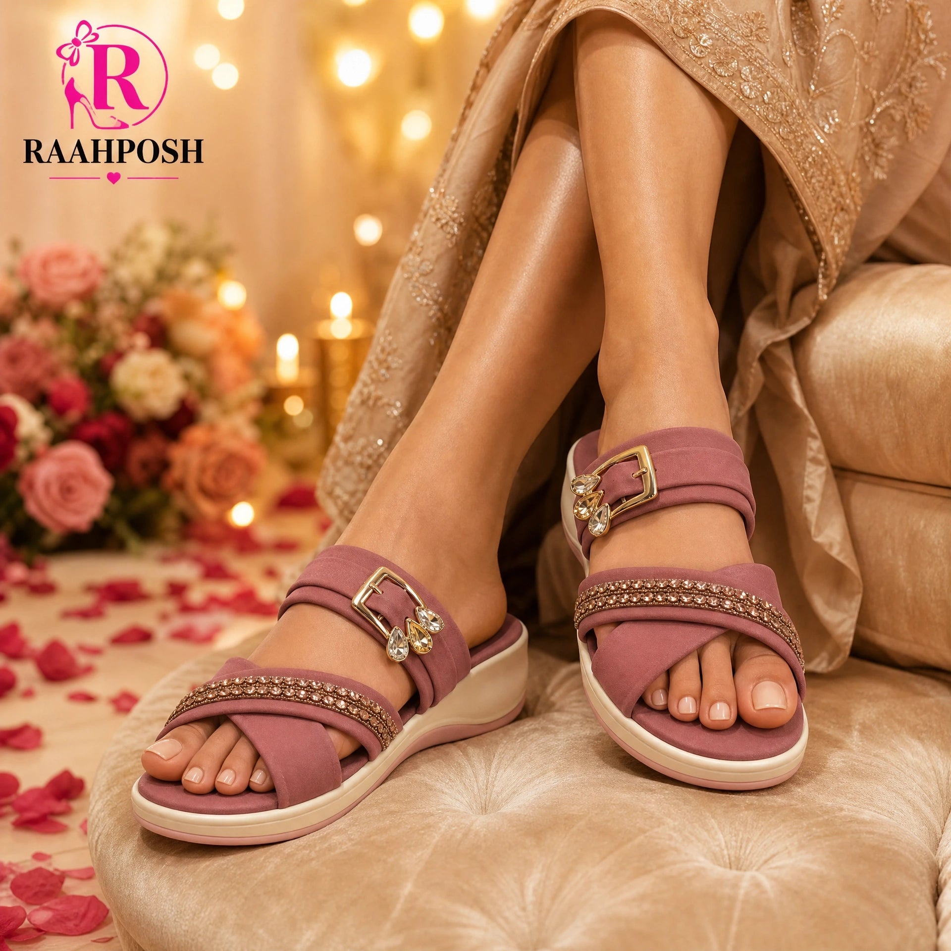 Raahposh Crystal Buckle Comfort Slides for Women – Soft Cushioned Casual Slippers